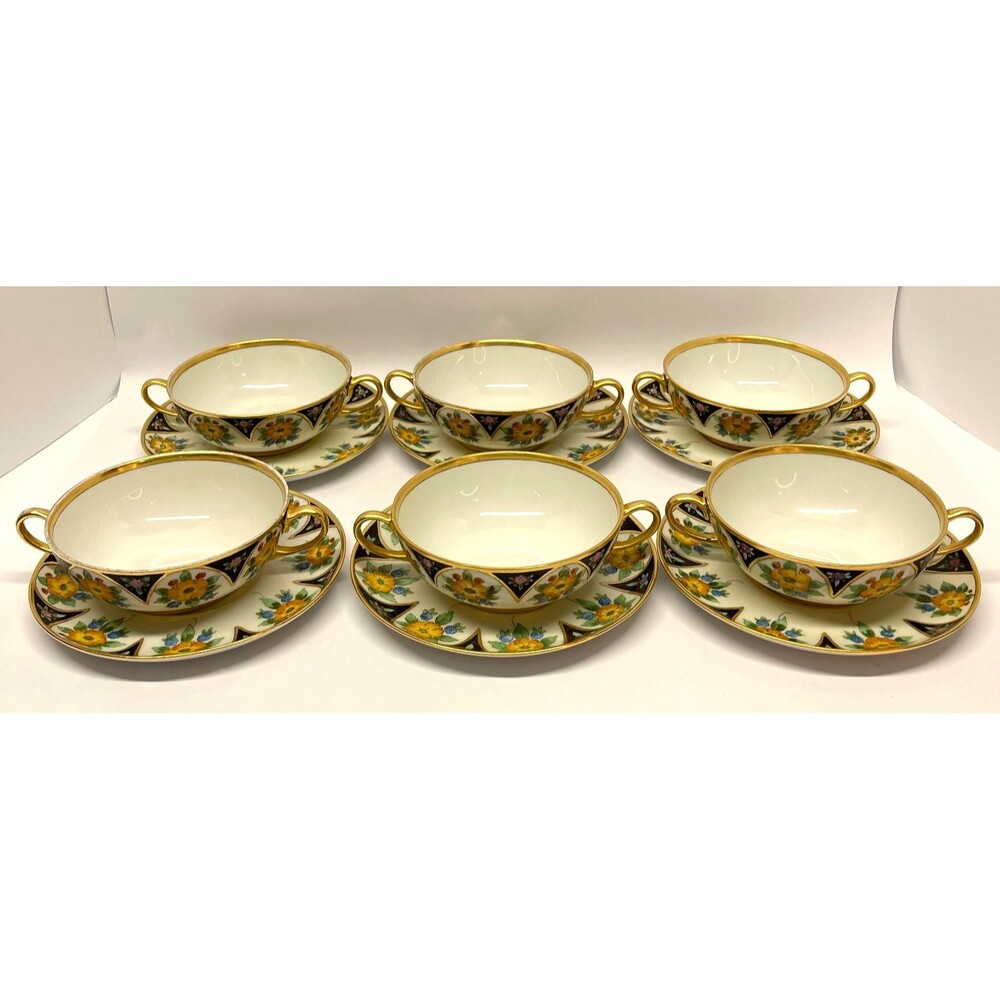 Vintage Hutschenreuther Selb Art Deco Bouillon Soup Cups Saucers Set of 6 Signed